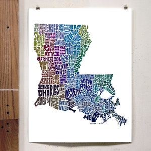Louisiana map art, Louisiana art print, signed print of my original hand drawn Louisiana map art Blue Tones