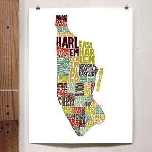 Manhattan neighborhood map print, Manhattan art print, signed print of original hand-drawn Manhattan typography art, many colors available Earth Tones