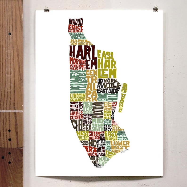 Manhattan neighborhood map print, Manhattan art print, signed print of original hand-drawn Manhattan typography art, many colors available Earth Tones