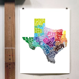 Texas map art, Texas art print, signed print of my original hand drawn Texas map art Rainbow