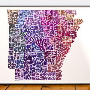 Arkansas map art, Arkansas map print, Arkansas art print, Print of my original hand-inked Arkansas typography illustration Purple Tones (pic 7)