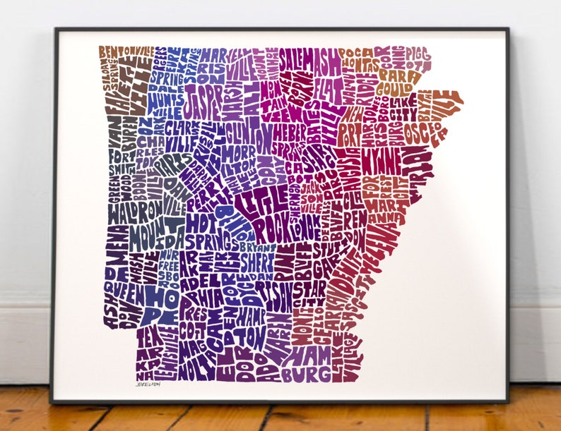 Arkansas map art, Arkansas map print, Arkansas art print, Print of my original hand-inked Arkansas typography illustration Purple Tones (pic 7)