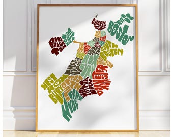 Boston neighborhood map print, Signed print of my original hand drawn Boston typography map art