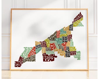 Cleveland neighborhood map print, Signed print of my original hand drawn Cleveland typography map art