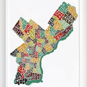 Philadelphia neighborhood map print, Signed print of my original hand drawn Philadelphia typography map art