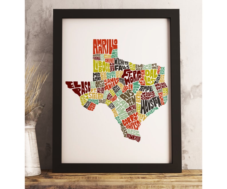 Texas art print FRAMED, Texas map art, available in several colors and sizes, Texas decor, Texas wall art Earth Tones