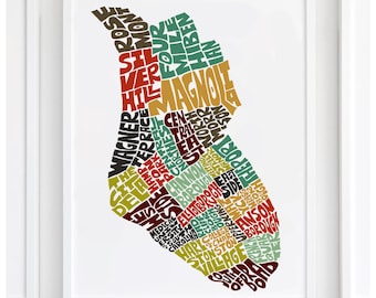 Charleston neighborhood map art print, signed print of my original hand-drawn Charleston typography map art, many colors available