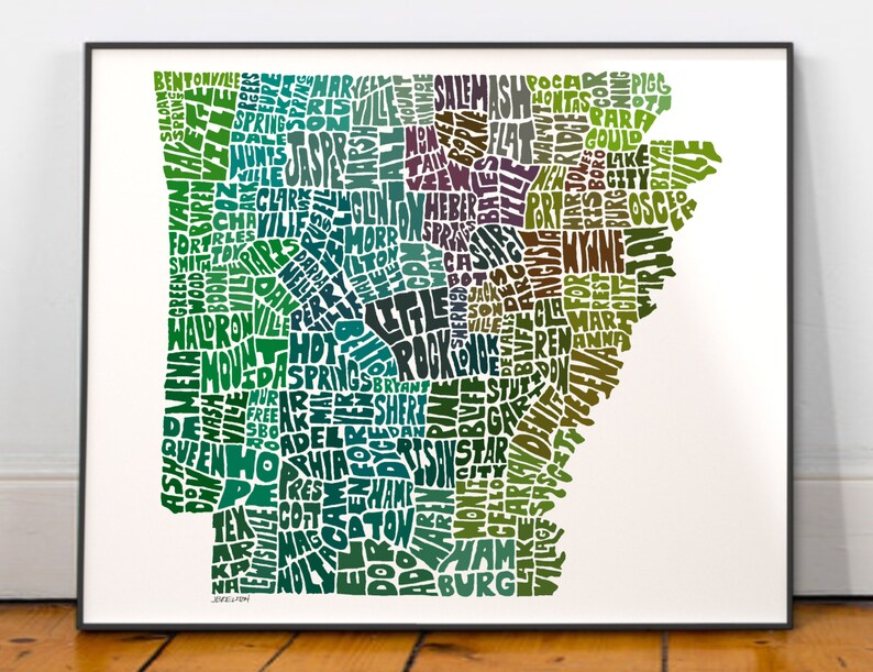 Arkansas map art, Arkansas map print, Arkansas art print, Print of my original hand-inked Arkansas typography illustration Green Tones (pic 5)