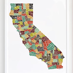 California map art, California art print, signed print of my original hand drawn California map art