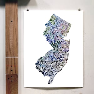 New Jersey map art, New Jersey art print, signed print of my original hand drawn New Jersey map art Blue Tones