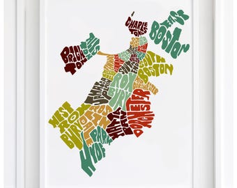 Boston neighborhood map art print, signed print of my original hand-drawn Boston typography map art, many colors available