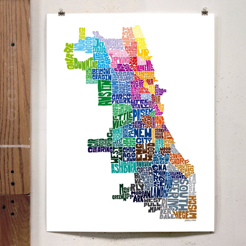 Chicago neighborhood map art print, Signed print of my original hand drawn Chicago typography map art Rainbow