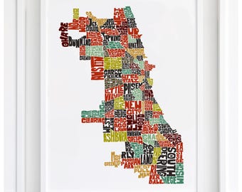 Chicago neighborhood map art print, signed print of my original hand-drawn Chicago typography map art, many colors available