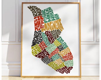 Charleston neighborhood map print, Signed print of my original hand drawn Charleston typography map art