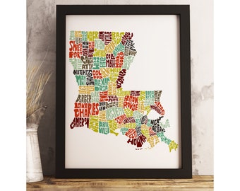 Louisiana art print FRAMED, Louisiana map art, available in several colors and sizes, Louisiana decor, Louisiana wall art