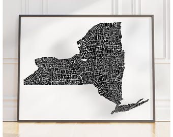 New York map art, New York art print, print of my original hand drawn New York typography, New York decor, multiple colors available