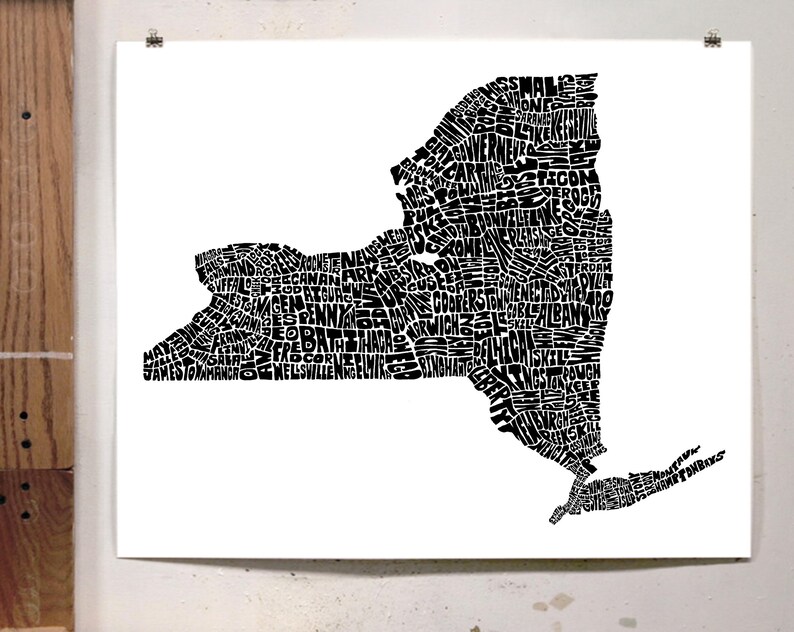 New York map art, New York art print, print of my original hand drawn New York typography art, New York gift, multiple colors available Black & White