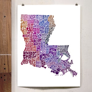 Louisiana map art, Louisiana art print, signed print of my original hand drawn Louisiana map art Purple Tones