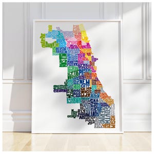 Impresión artística del mapa del vecindario de Chicago, impresión firmada de mi arte del mapa tipográfico original de Chicago dibujado a mano