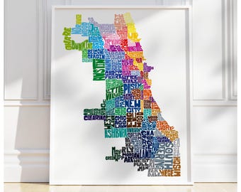 Chicago neighborhood map art print, Signed print of my original hand drawn Chicago typography map art