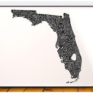Florida map art, Florida map print, Florida art print, Print of my original hand-inked Florida typography illustration Black (pic 1)