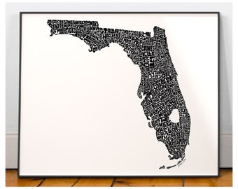 Florida map art, Florida map print, Florida art print, Print of my original hand-inked Florida typography illustration