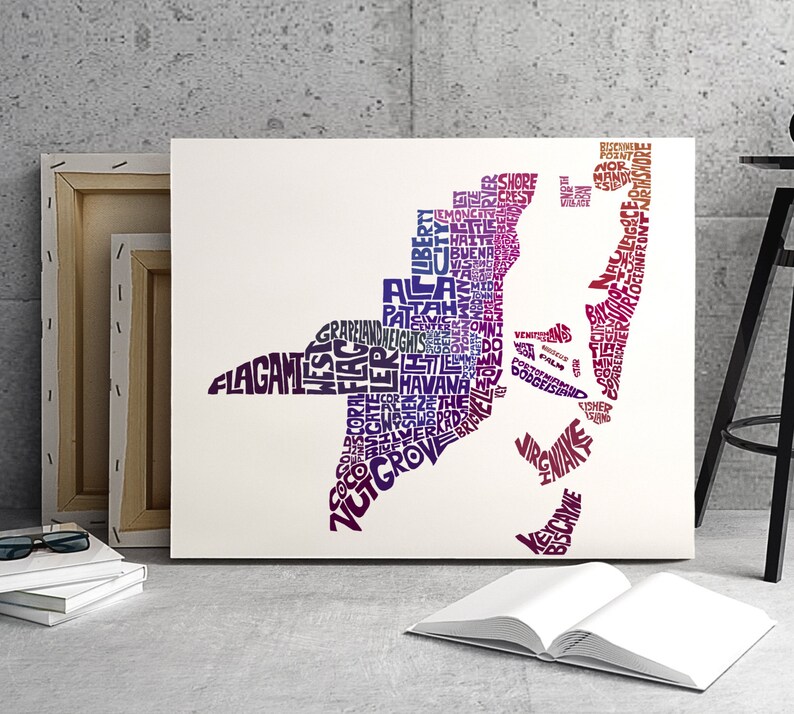 Miami neighborhoods map art decor Gallery wrapped canvas print of my hand drawn Miami artwork \u2013 several sizes and color options available