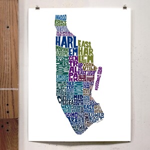 Manhattan neighborhood map print, Manhattan art print, signed print of original hand-drawn Manhattan typography art, many colors available Blue Tones