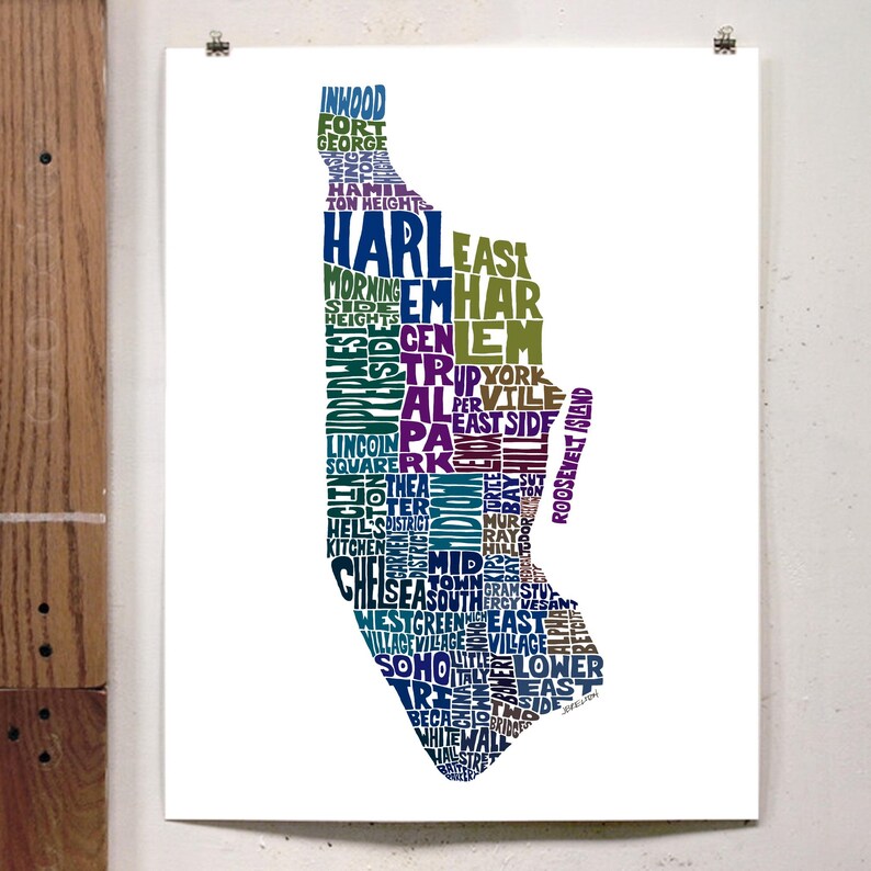 Manhattan neighborhood map print, Manhattan art print, signed print of original hand-drawn Manhattan typography art, many colors available Blue Tones