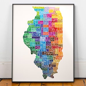 Illinois map art, Illinois art print, signed print of my original hand drawn Illinois map art Rainbow (pic 2)