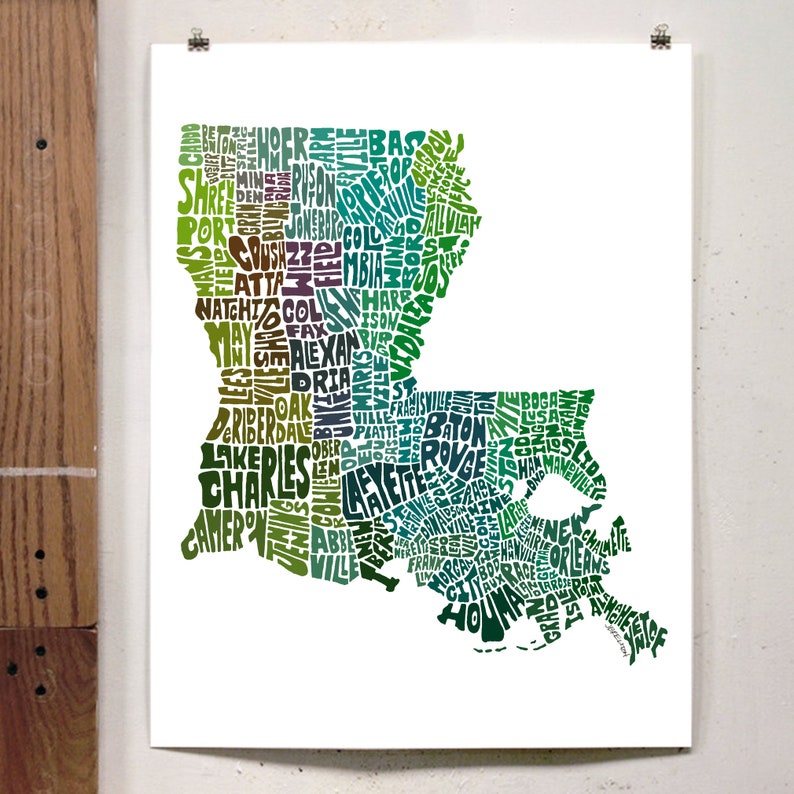 Louisiana map art, Louisiana art print, signed print of my original hand drawn Louisiana map art Green Tones