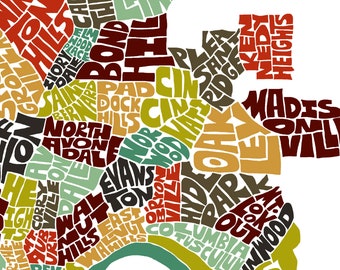 Cincinnati Neighborhood Map Art Print, Signed Print of my Original Hand-drawn Cincinnati Typography Map Art