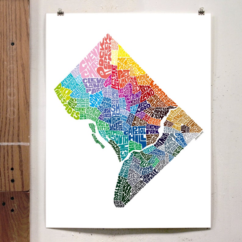 Washington DC neighborhood map print, Signed print of my original hand drawn Washington DC typography map art Rainbow