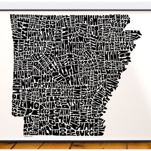 Arkansas map art, Arkansas map print, Arkansas art print, Print of my original hand-inked Arkansas typography illustration Black (pic 1)