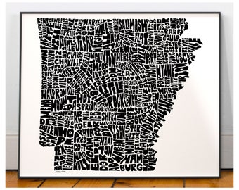 Arkansas map art, Arkansas map print, Arkansas art print, Print of my original hand-inked Arkansas typography illustration