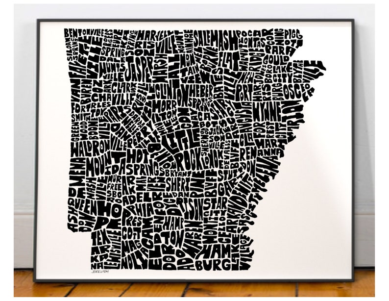 Arkansas map art, Arkansas map print, Arkansas art print, Print of my original hand-inked Arkansas typography illustration Black (pic 1)