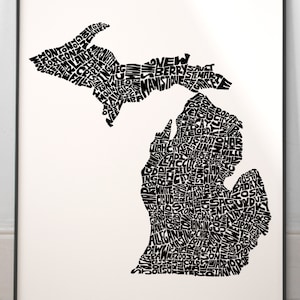 Michigan map art, Michigan map print, Michigan art print, Print of my original hand-inked Michigan typography illustration