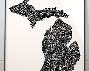 Michigan map art, Michigan map print, Michigan art print, Print of my original hand-inked Michigan typography illustration