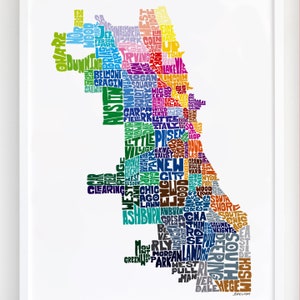 Chicago neighborhood map art print, Signed print of my original hand drawn Chicago typography map art