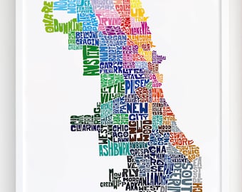 Chicago neighborhood map art print, Signed print of my original hand drawn Chicago typography map art