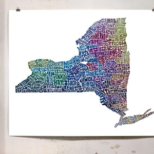 New York map art, New York art print, print of my original hand drawn New York typography art, New York gift, multiple colors available Blue Tones