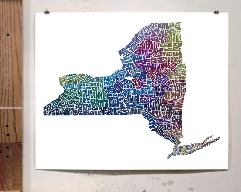New York map art, New York art print, print of my original hand drawn New York typography art, New York gift, multiple colors available Blue Tones