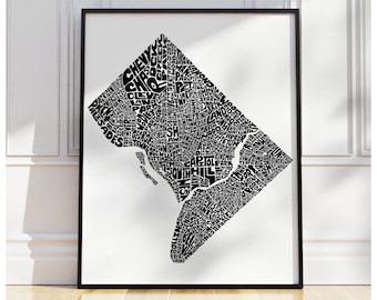 Washington DC neighborhood map print, signed print of my original hand-drawn Washington DC typography map art, other colors available