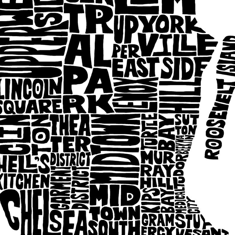 Manhattan neighborhood map print, Manhattan art print, signed print of original hand-drawn Manhattan typography art, many colors available image 9