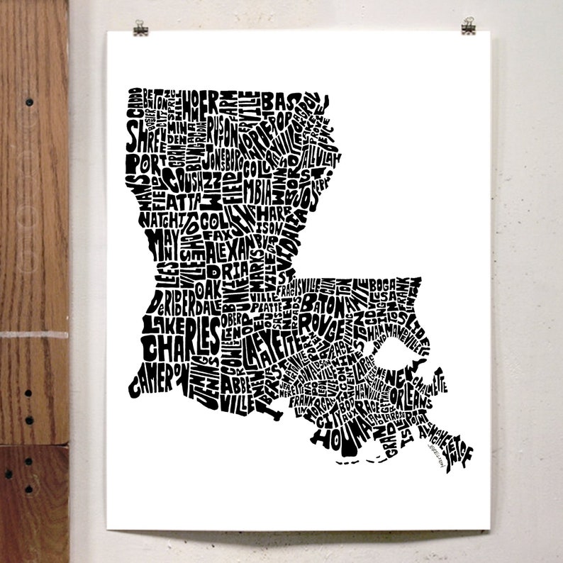 Louisiana map art, Louisiana art print, signed print of my original hand drawn Louisiana map art Black & White