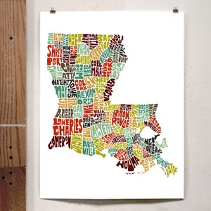 Louisiana map art, Louisiana art print, signed print of my original hand drawn Louisiana map art Earth Tones