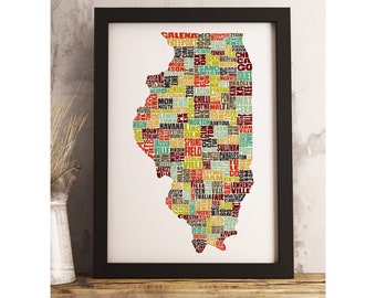 Illinois art print FRAMED, Illinois map art, available in several colors and sizes, Illinois decor, Illinois wall art