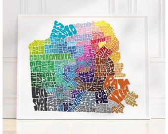 San Francisco neighborhood map art print, Signed print of my original hand drawn San Francisco typography map art