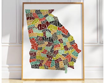 Georgia map art, Georgia art print, signed print of my original hand drawn Georgia map art