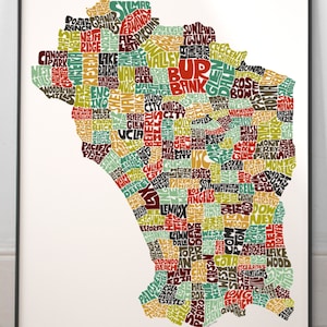 Los Angeles neighborhood map print, Signed print of my original hand drawn Los Angeles typography map art